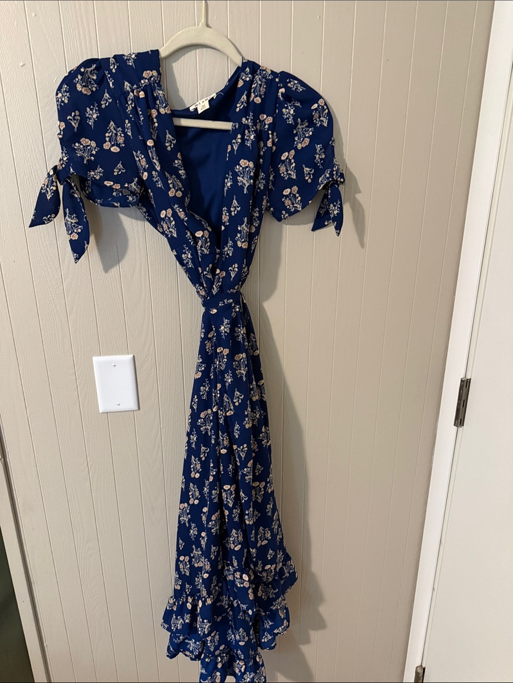 miami Navy Floral Wrap Maxi Dress with Puff Tie Sleeves